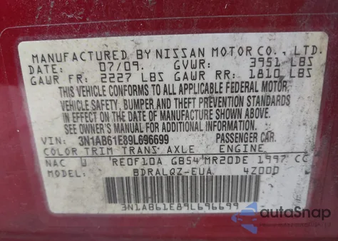 2009 Nissan Sentra 2.0 from USA, damaged, VIN 3N1AB61E89L696699